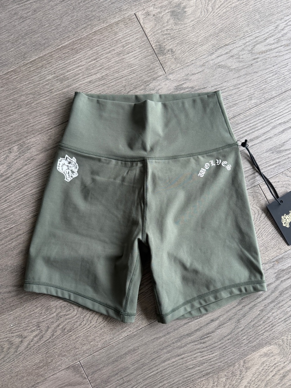 Darc Sport Olive High-Rise Bike Shorts with White Wolf Logos